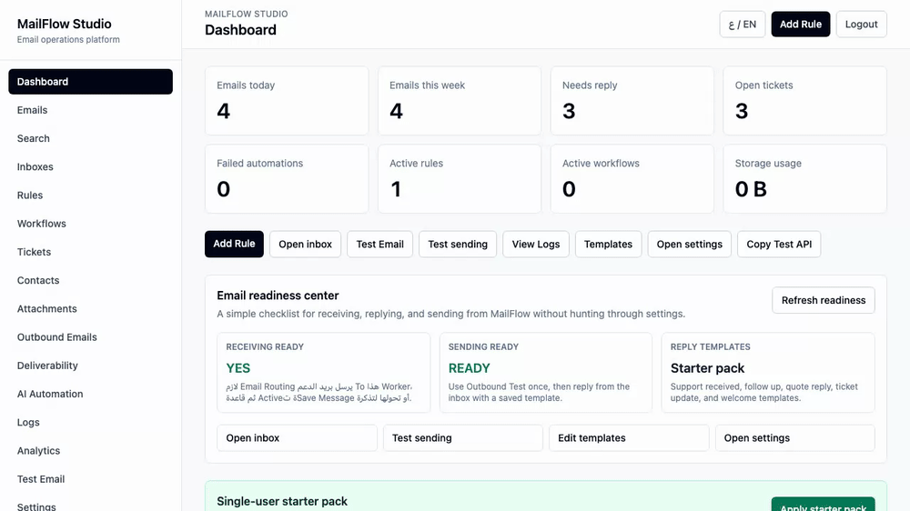 MailFlow Studio demo: a customer reply threading onto a ticket, an agent reply, and unified search.