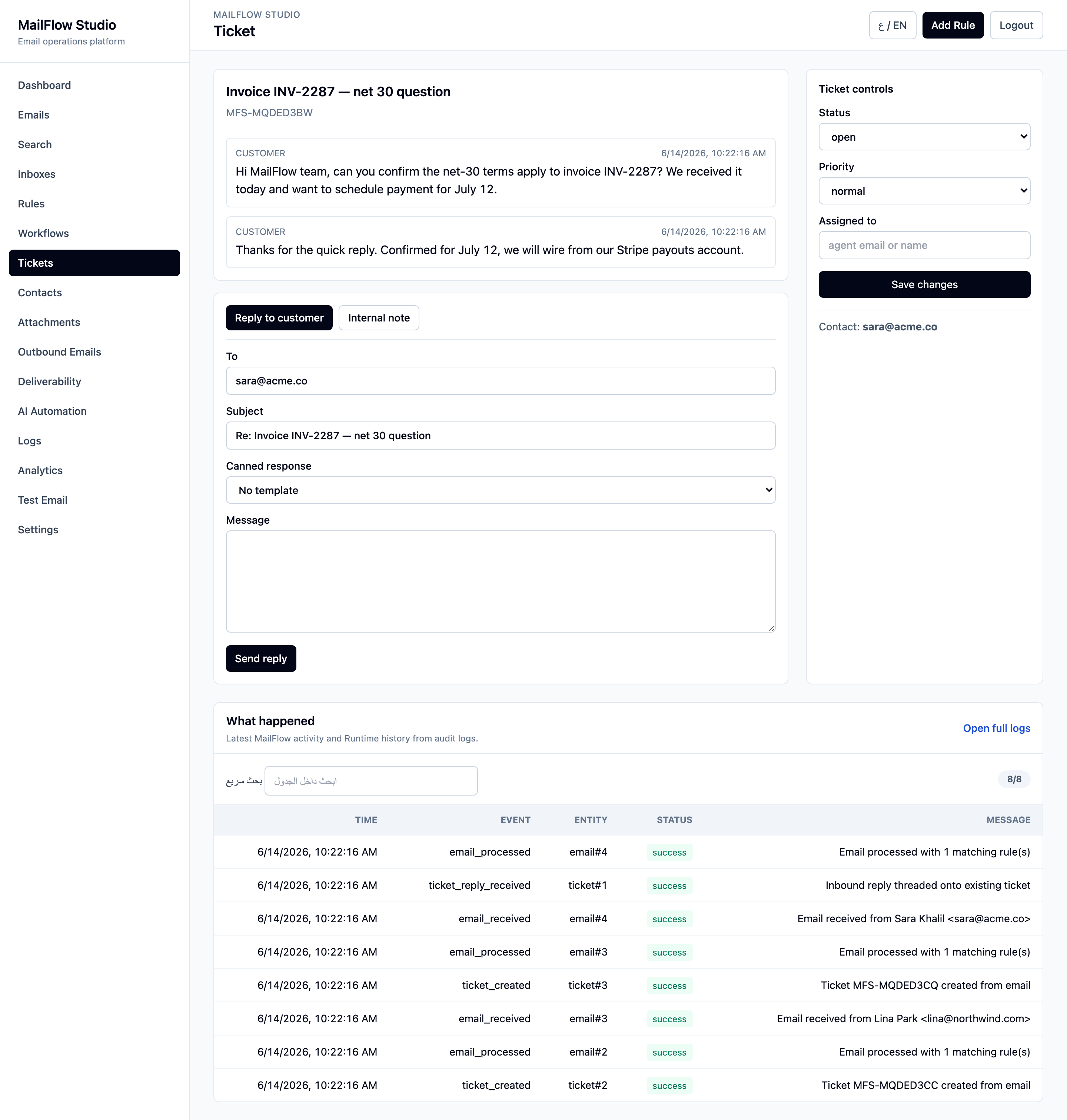 Ticket detail with reply composer